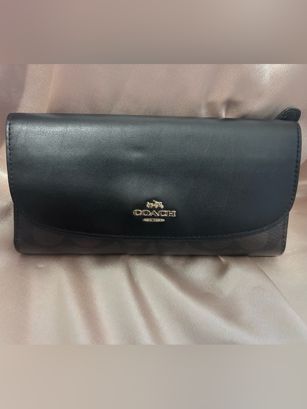 NWT Coach Signature Checkbook Wallet Brown Black Leather F57319 Gold Logo - Picture 2 of 14
